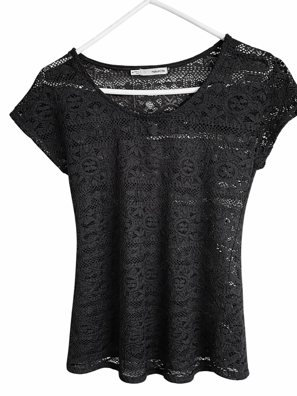Black Sheer Lace Top Y2K Boho Crochet Floral Tee See Through Medium